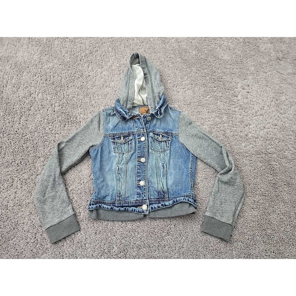 American Eagle Hooded Jacket Womens S‎ Layered Blue Denim Gray Fleece Button Up